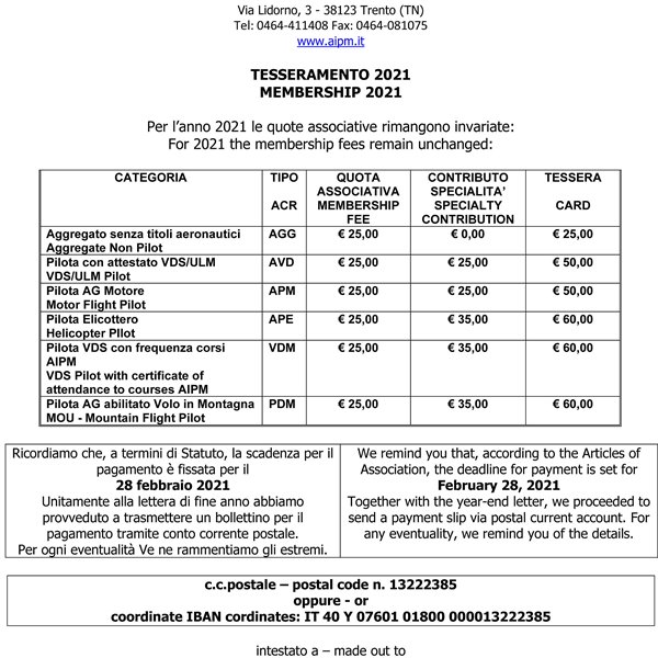 Pro-Memoria Tesseramento 2021 - Pro-Memory Membership 2021